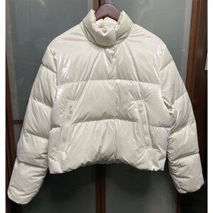 Athleta Summit Cropped Shine Button Down Hi Collar Puffer Jacket Glacier Size L